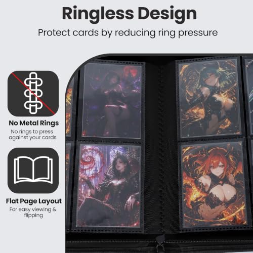 4 Pocket Trading Card Binder, Ringless Card Binder with Zipper for TCG and Sport Cards Collections, Holds 160 Cards with Side-Loading Pages, Black - color: 1.Black - 4 Pocket - 160 Slots