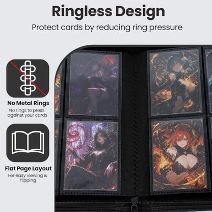 4 Pocket Trading Card Binder, Ringless Card Binder with Zipper for TCG and Sport Cards Collections, Holds 160 Cards with Side-Loading Pages, Black - color: 1.Black - 4 Pocket - 160 Slots