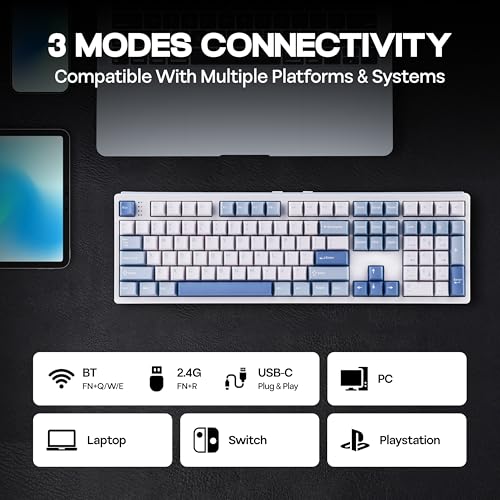 MechLands EPOMAKER TH108 Full Size Mechanical Keyboard, Wireless Gaming Keyboard, 8000mAh Battery, Creamy Gasket, 108 Keys, Hot Swap, Custom Driver, RGB Backlights (Blue&White, Sea Salt Silent Switch) - color: Blue&White, size: Sea Salt Silent Switch