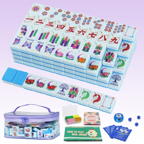 American Mahjong Set, 160 Blue Engraved Melamine Tiles | 1.2x0.9 Inches Travel Mahjong Tiles, Storage Bag, For Adult Social Games, Beginners & Mah Jongg Lovers Gift