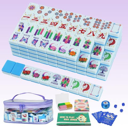 American Mahjong Set, 160 Blue Engraved Melamine Tiles | 1.2x0.9 Inches Travel Mahjong Tiles, Storage Bag, For Adult Social Games, Beginners & Mah Jongg Lovers Gift