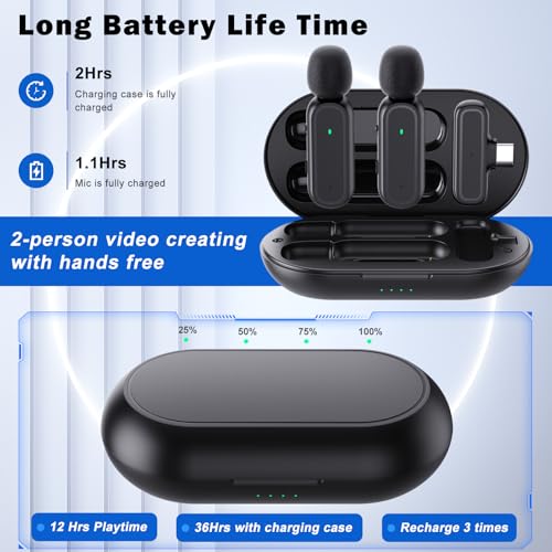 Wireless Lavalier Microphone, 2 Mini Mics with Charging Case, 42H, 65ft | USB-C Clip-On Mic for iPhone iPad Android PC, Noise Reduction, Ideal for Vlogging TikTok YouTube Video Recording Interview