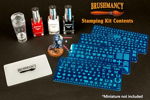 Brushmancy 미니어처 스탬핑 세트 | 3가지 색상 - 플레이트 4개 - 스탬퍼 1개 - 스위퍼 1개 | 네일 스탬핑 플레이트 | 워게이밍