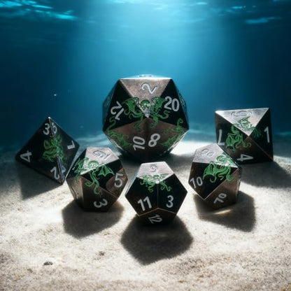 Octopus Metal RPG Dice Set,7-Piece,Inspired by Cthulhu Mythos,Abyss Green on Black,Heavy Zinc Alloy Dice for Fantasy RPGs & Collectors (Black Green) - color: Black Green