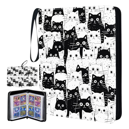 4 Pocket Card Binder Cat, Cat Trading Card Binder for Girls, Collectible Trading Card Holder for 400 Cards, PU Leather Binders Game Cards Collection Sports Cards Collector Albums with Zipper - color: Cat-Black&White, size: 400 Pockets