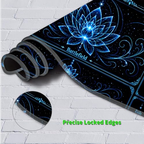 Playmat for MTG with Zones, 24 x 14 Inch Card Game Mat, Stitched Edges, Non Slip Rubber Base, 2mm Washable Play Mat with Storage Bag, Lotus Flower Design, Blue Color - color: Blue