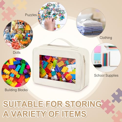 Abbylike 8 Pack Toys Storage Bags with Handle and Clear PVC Window, Classic Bricks Building Set Organization Bags, Car Toy Traveling Carrying Case for Puzzles Board Games Building Blocks(Beige) - color: Beige