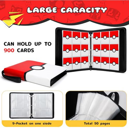 Card Binder 9 Pocket, 900 Pockets Extra Large Trading Card Binder with Zipper, PU Leather Waterproof Card Album Holder, 3-Ring Collectible Card Book for TCG, MTG, Game Cards，Red & White