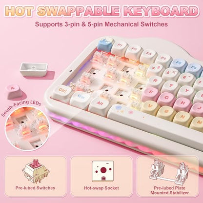 YUNZII C75 Wireless Mechanical Keyboard,75% Layout, Hot-Swappable NKRO,BT5.0/2.4G/USB-C Mode,Dye-Sub PBT MOA Keycaps,RGB Gasket Mount,Cute Cake Design for Mac/Win/Gaming (Beige, Milk V2 Switch) - color: Beige, size: Milk V2 Switch