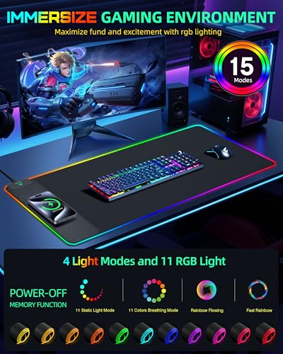 RGB Gaming Mouse Pad with 15W Magnetic Wireless Charging, 31.5"x15.7" | Large Desk Mat, 15 Lighting Mode, Ultra-Smooth Surface, Non-Slip Mousepad, Waterproof Computer Keyboard Pad for Gamer, Black - color: Rgb - 31.5"x15.7" (Magnetic Charging)