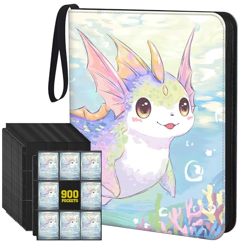 Trading Card Binder TCG, 900 Pockets, 50 9-Pocket Sheets, 3-Ring Refillable Album Fits Standard 2.5"×3.5" Cards, Zippered PU Cover, Acid-Free Top-Loading Pages, Wrist Strap - Axolotl Design - color: Axolotl Pastel