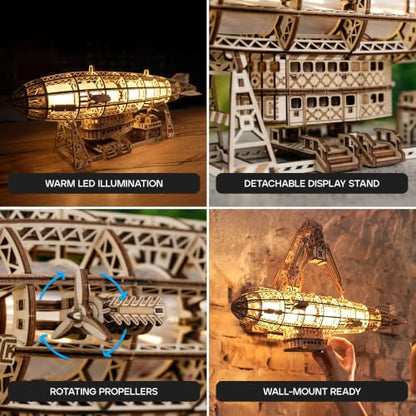 Wood Trick Luminous Zeppelin Dirigible LED 3D Wooden Puzzles for Adults to Build - Moving Propellers & Tail - Includes Wall Mount & Stand - Engineering DIY Project Mechanical 3D Puzzle Model Kits