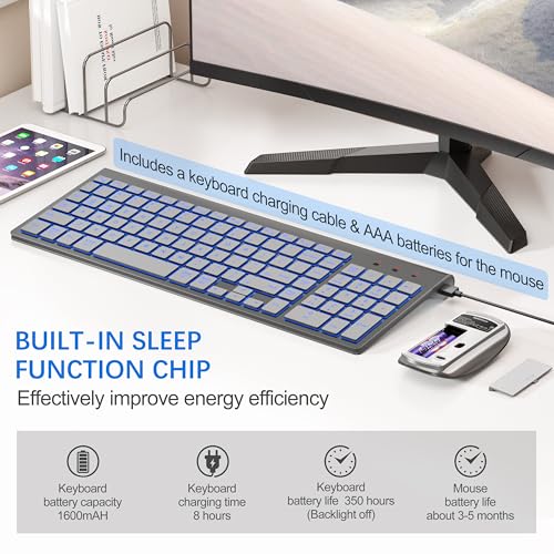 Wireless Backlit Keyboard and Mouse Ultra Slim Combo, TopMate 2.4G Silent Compact 2400DPI Mouse and Scissor Switch Keyboard Set, Batteries Included, for PC/Laptop/Windows/Mac/Gaming - BL Gray Silver - color: BL Gray Silver