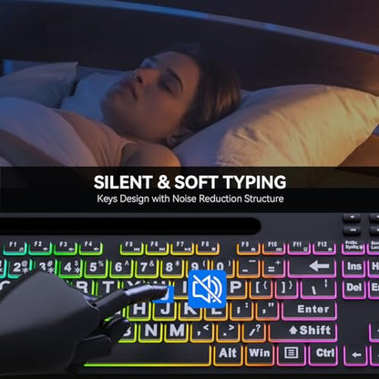 MARVO Large Print Backlit Keyboard, WK712 Wired Computer Keyboards with 7 Colors & 11 Modes Backlight, Tablet Phone Holder and Quiet Light Up Keys, Full-Size Gaming Keyboard for Windows, Mac