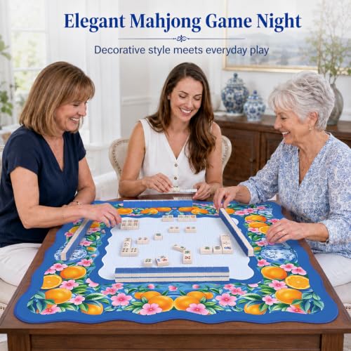 Junkin Blue Citrus Chinoiserie Mahjong Mat 32.3 x 32.3 Inch Upgraded Diatomite Mahjong Table Mat with Carry Bag Scalloped Edge Gift for Women Mom Grandma for Card Board Tile Games - style: Blue Citrus