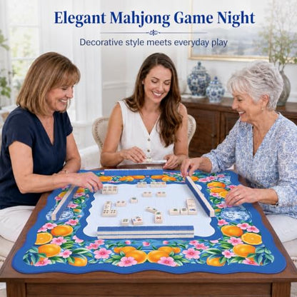 Junkin Blue Citrus Chinoiserie Mahjong Mat 32.3 x 32.3 Inch Upgraded Diatomite Mahjong Table Mat with Carry Bag Scalloped Edge Gift for Women Mom Grandma for Card Board Tile Games - style: Blue Citrus
