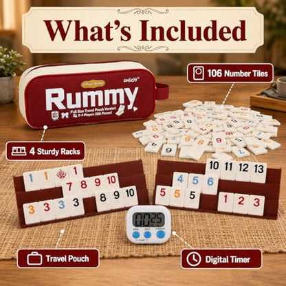 Smilejoy Rummy Cube 4 Player Edition, 106 Tiles with Travel Canvas Bag | Large color numbered melmine tiles, 4 playing racks, 2 joker, Timer, Carry bag,Travel tile game for Festival Gift choice - size: Large (2-4 player)