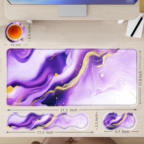 Large Mouse Pad and Keyboard Wrist Rest, Desk Pad for Keyboard and Mouse, 4-in-1 Large Gaming Mouse Pad with Wrist Support, Desk Mat for Home Office Study Game,Purple and Gold Marble - color: Purple and Gold Marble