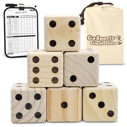 GoSports Giant Wooden Playing Dice Set with Rollzee and Farkle Scoreboard - Includes 6 Dice, Dry-Erase Scoreboard and Canvas Tote Bag - Choose 2.5 Inch or 3.5 Inch Dice) - style: 3.5 Inch Natural Wood Dice