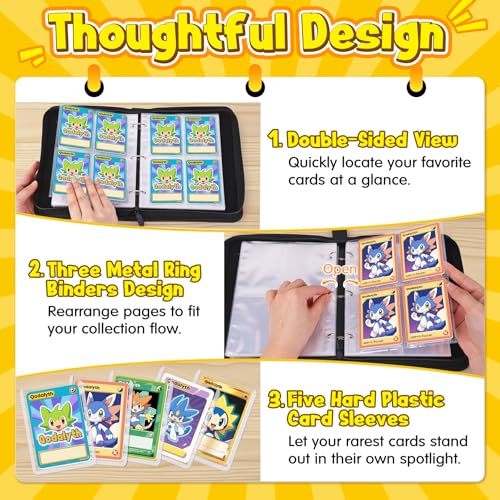 Card Binder, 4-Pocket Design, 400-Card Capacity with 5 Top loaders | Large Capacity, Waterproof PU cover,Custom ,Page Order Design,zipper closure,clear PP pages - color: Classic, size: 4-Pocket