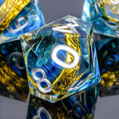 OUKELANWO Magic Lord Rings DND Dice Set with Box, 7Pcs Resin LOTR D&D Dice Set for Role Playing Game, Blue Dungeons Dragons D and D Sharp Edge Dice D20 D12 D10 D8 D6 D4 - color: Blue & White
