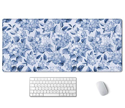 SSOIU Blue Hydrangea Flowers Desk Mat, Floral Large Aesthetic Mouse Pad 35.5" X 15.7", Waterproof Desk Mat Stitched Edges, Non-Slip Laptop Computer Keyboard Mousepad for Office and Home - color: Blue Hydrangea Flowers