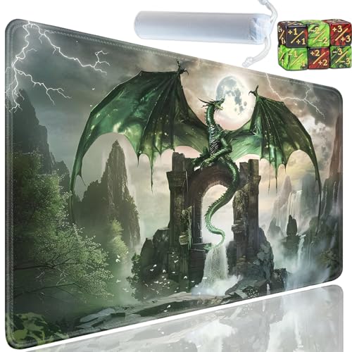 Playmat for MTG, 24x14 Inches Playmats, for TCG and CCG Trading Card Game Mat, Non-Slip Rubber for MTG Playmats with A Storage Bag and 6 Dice Set, Green Flying Dragon Roar Pattern - color: Yu-Playmat-1-D113