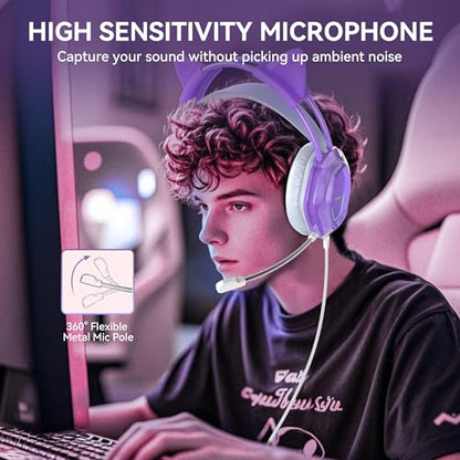 Wantek Cute Cat-Ear Gaming Headset - 50mm Drivers, Noise-Cancelling Mic, 3.5mm Wired Stylish & Lightweight Design (Purple) - color: Purple