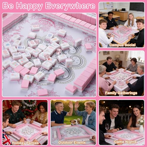 162 American Mahjong Tile Set with Storage Bag & Dice, 1.2" Mini Pink 3D Engraved Melamine Mahjong Tiles Travel Game for Adults, Friend & Family Game Night, Gifts for Mah-jongg Lovers - color: Pink