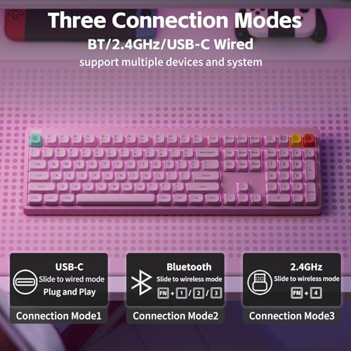 NuPhy Node100 Wireless Mechanical Keyboard, Hot Swappable Custom Bluetooth Keyboard, 109 Keys Computer Gaming Keyboards, Supports Touch Gestures, PBT Keycaps, RGB Backlit, Bluetooth/2.4GHz/USB-C - color: Pink, size: High-profile Red Max Switch