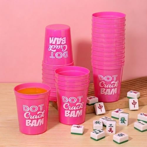 16Pcs Mahjong Plastic Cups Reusable 16oz DOT Crack BAM Party Supplies Themed Birthday Game Night (Pink)