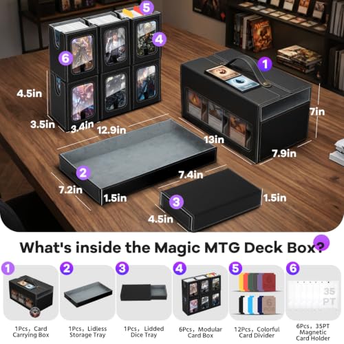MTG Commander Deck Box with Handle, 6deck Modular Card Case and 2Dice Trays | Holds 780+ Double-Sleeved Cards,Removable Magic the Gathering Storage,Magnetic Lock/Holderss, Display Window for TCG/EDH,Grey - color: Black Grey, style: 6-Deck Modular Card Cas