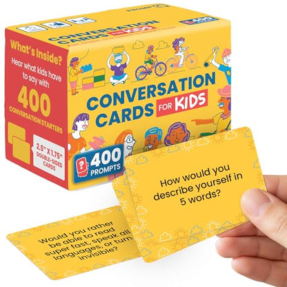 400 Conversation Cards for Kids – Engage Kids, Laugh, and Grow Closer During Family Dinner, Game Night, and Road Trips – Have Fun Building Social-Emotional Skills - Super Portable 2.5" x 1.75" Cards