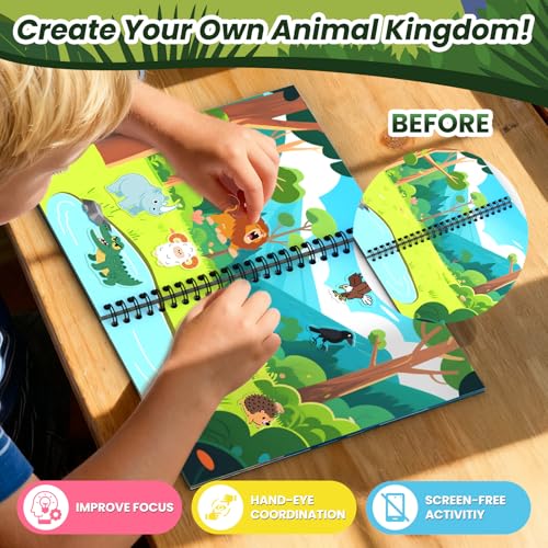 Animals Reusable Sticker Book for Toddlers, DIY Make-a-face Jelly Stickers | Make A Face & Scene Decoration Play, 50 Washable&Reusable Jelly Stickers, Portable Travel Friendly, Airplane Trip Essentials - style: Animal