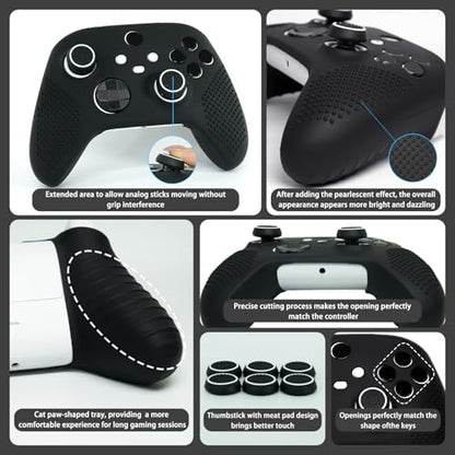 Anti-Slip Black Controller Skin,Studded Edition Protective Silicone Cover Skin Grips Compatible with Xbox Series X/S Controller and 6 PCS Thumb Grips Caps. - color: Black