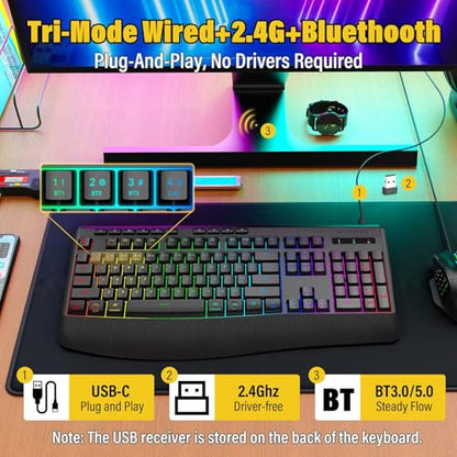 E-YOOSO Wireless Bluethooth Silent Backlit Gaming Keyboard,Tri-Mode BT5.0/2.4GHz/Wired,8 RGB Light up,Ergonomic,USB C Rechargeable,for Typing/Office/Home/PC Computer/Mac/Laptop/IPad/Xbox/PS5