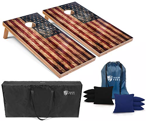 Tailgating Pros Rustic American Flag Cornhole Boards w/Bean Bags - 4'x2' Distressed Flag Cornhole Game w/Multicolored LED Ring, Carrying Case & Corn Hole Bags - color: Black / Royal Blue