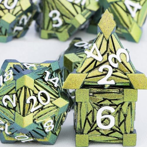 7PCS Metal DND Dice Set with Box, Debris RPG Green Yellow D and D Dice for use with D&D Tabletop Games Role Playing Game Polyhedral Dice Set D20 D12 D10 D8 D6 D4 - color: Green Yellow White