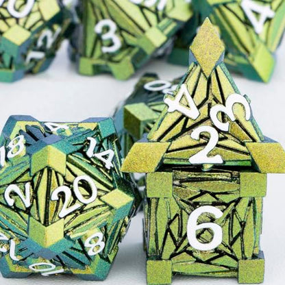 7PCS Metal DND Dice Set with Box, Debris RPG Green Yellow D and D Dice for use with D&D Tabletop Games Role Playing Game Polyhedral Dice Set D20 D12 D10 D8 D6 D4 - color: Green Yellow White