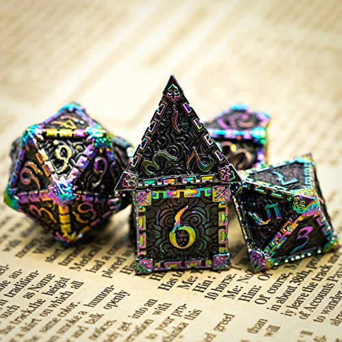 Cusdie 7 Pcs Metal DND Dice with Metal Box, Dagger Design Polyhedral Dice Set, for Role Playing Game D&D Dice (Colorful Black) - color: Colorful Black
