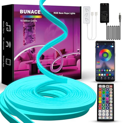 52FT LED Neon Rope Lights, IP67 Waterproof Outdoor-2 Rolls | with RF Remote & APP Control RGB Strips Light ,Music Sync,DIY Design,24V LED Strip Lights for Gaming Wall Christmas Decor - size: Neon-RGB-52ft