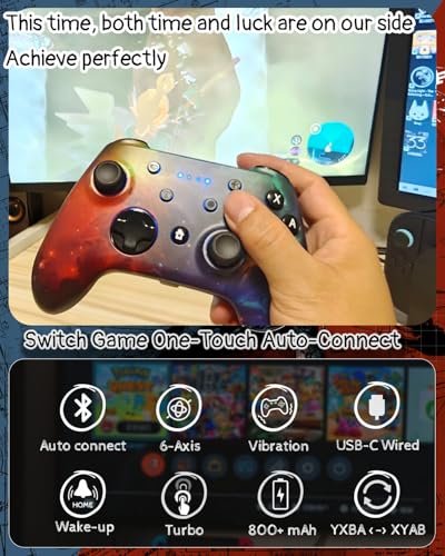 Wzuiсov Game Controller for Switch 1&2, iOS, Android, PC, TV, Tesla - Bluetooth & USB-C Wired Gamepad with Adjustable Star Lights, Phone Holder & USB Adapter - color: Red&Blue