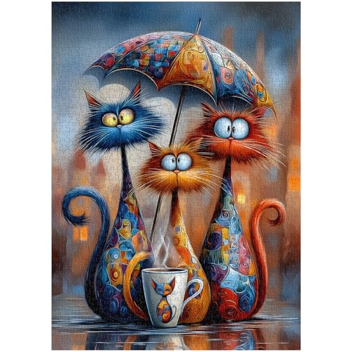 Cat Jigsaw Puzzles 1000 Pieces, PICKFORU Funny Kitten Puzzle for Adults Umbrella, Hard Cute Animal Art Theme as Home Decor