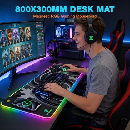 TARKARI Magnetic Wireless Charging RGB Mouse Pad, Large Gaming Desk Mat Waterproof, 31.5"x11.8" Black Mousepad, Ultra-Smooth Surface, Non-Slip Rubber Base, Desk Pad for Keyboard Laptop - color: Ink-Splash Pattern