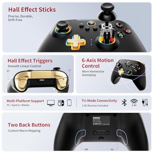 Aolion gaming N10 Wireless Controller Compatible with Switch/PC/iOS/Android, Hall Effect Joysticks, 1000Hz Polling Rate, Bluetooth/2.4G/Wired Gamepad, RGB Light, Back Buttons, Turbo, Motion Control