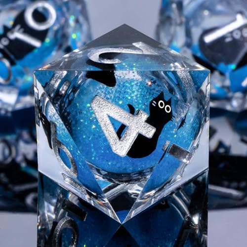 Roycevon Resin DND Dice Set with Gift Box, 7Pcs Liquid Core Cat D&D Dice, Cute Dungeons Dragons D and D Dice, Sharp Edge Role Playing Game Dice D20 D12 D10 D8 D6 D4, Blue - color: Blue