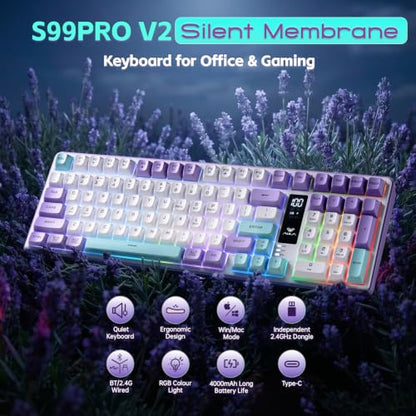 Aula S99pro V2 Full Size Gaming Keyboard,Wireless Creamy Membrane Keyboard | Tri-Mode Bluetooth/2.4GHz/USB-C,16.8mil RGB Backlit,Media Digital Screen,4000mAh Computer Wireless Keyboard with Number Pad - color: White & Green & Red