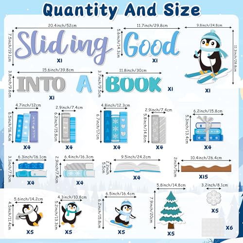 TICIAGA 79Pcs Winter Penguin Sliding Into A Good Book Bulletin Board Set, Winter Penguin Bookshelf Cutouts Trim Border for School Library Learning Classroom Chalkboard Wall Christmas Decorations - style: Winter
