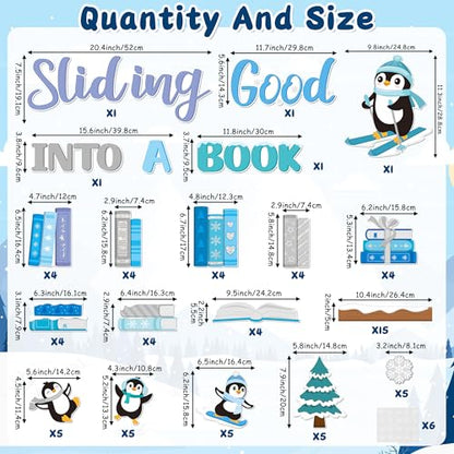 TICIAGA 79Pcs Winter Penguin Sliding Into A Good Book Bulletin Board Set, Winter Penguin Bookshelf Cutouts Trim Border for School Library Learning Classroom Chalkboard Wall Christmas Decorations - style: Winter