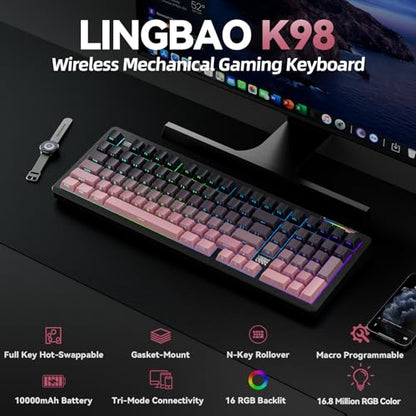 LINGBAO K98 - 96% Wireless Mechanical Keyboard, Tri-Mode BT5.0/2.4GHz/USB-C, Creamy Keyboard with Number Pad, Gasket Hot Swappable Linear Switches RGB Backlit Gaming Keyboards for Win/Mac/PC, (Pink) - color: K98 | 10000mAh | Gradient Black Pink